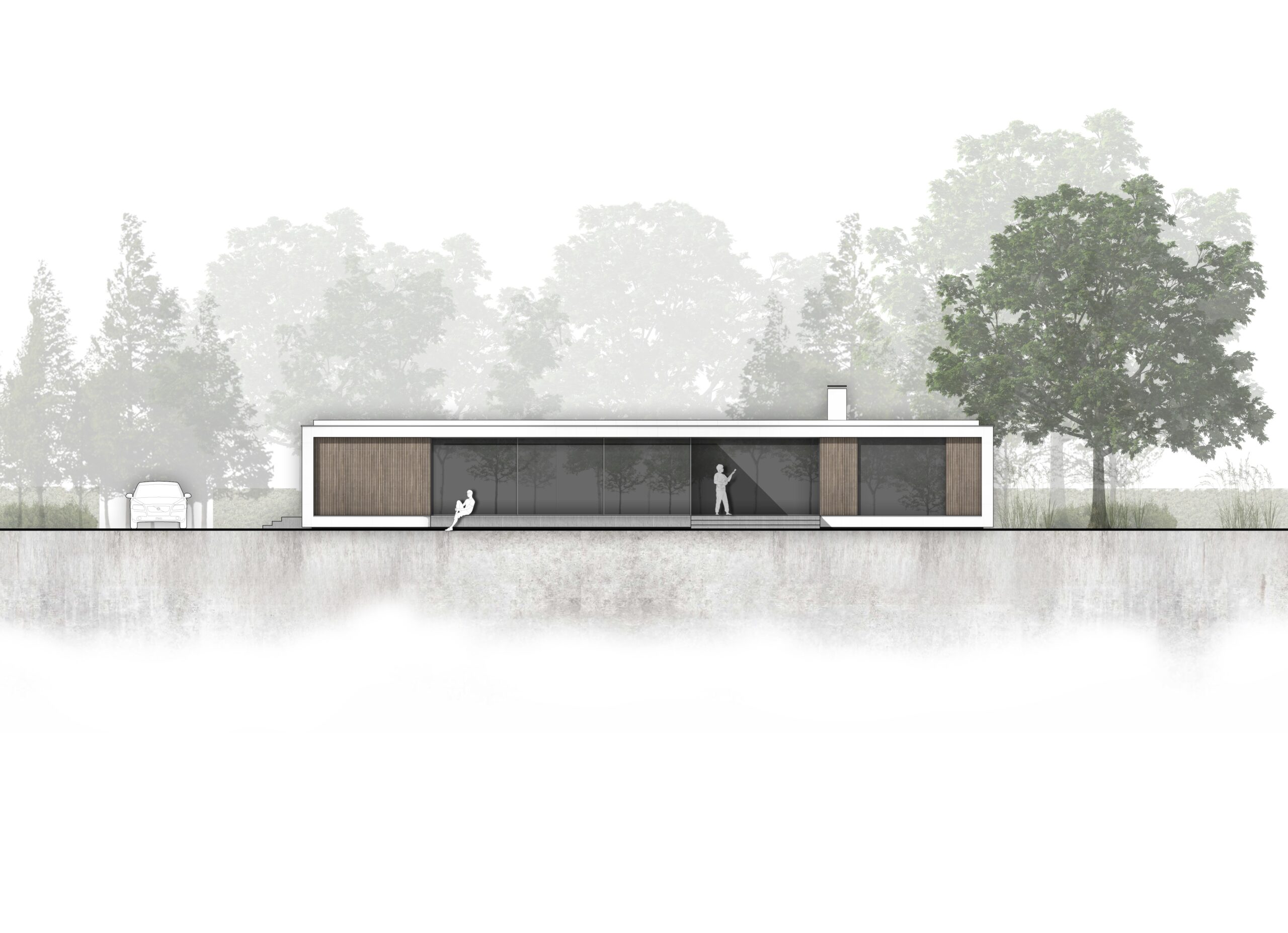 van Os Architecten nieuwbouw moderne bungalow met patio Prinsenbeek achtergevel met patio , terras en zicht op tuin
