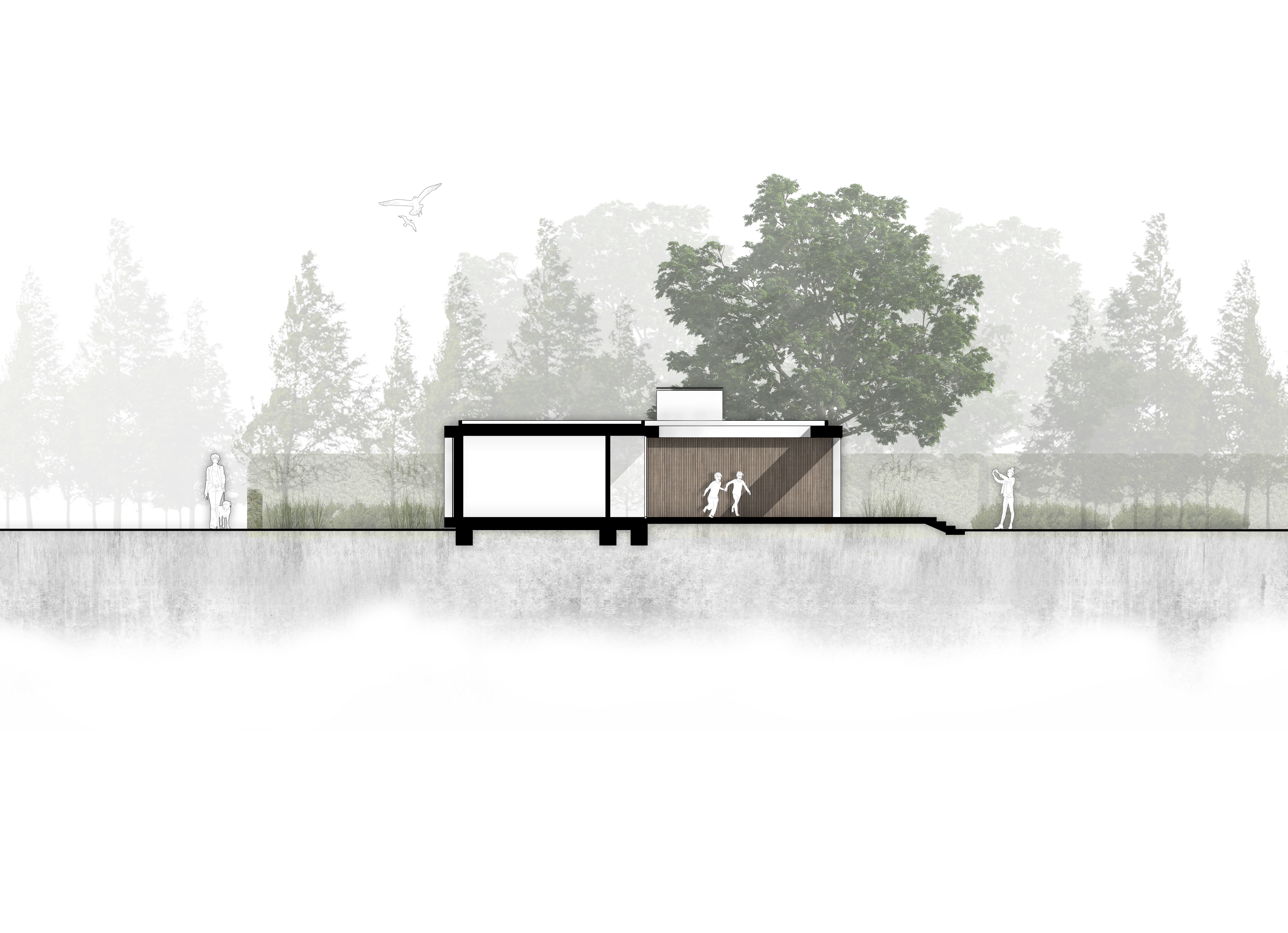 van Os Architecten nieuwbouw moderne bungalow met patio Prinsenbeek doorsnede over patio