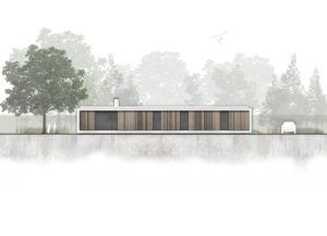 van Os Architecten nieuwbouw moderne bungalow met patio Prinsenbeek voorgevel met gestuct kader en invulling van houten gevelbekleding.