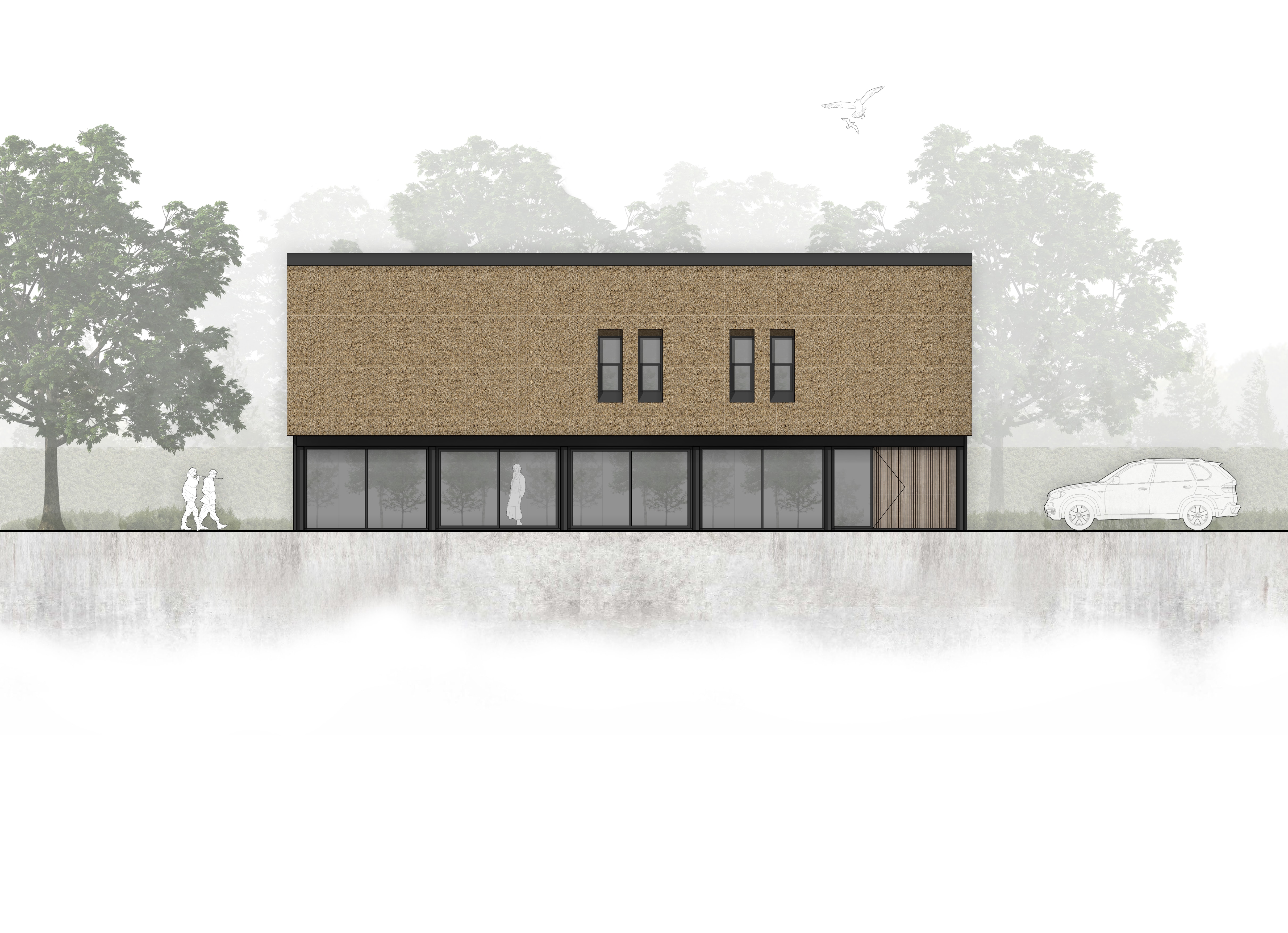 van Os Architecten, ontwerp moderne industriele woonboerderij Sevenum, zijgevel met aluminium schuifpuien in kader van zichtwerk stalen frame en rieten kap