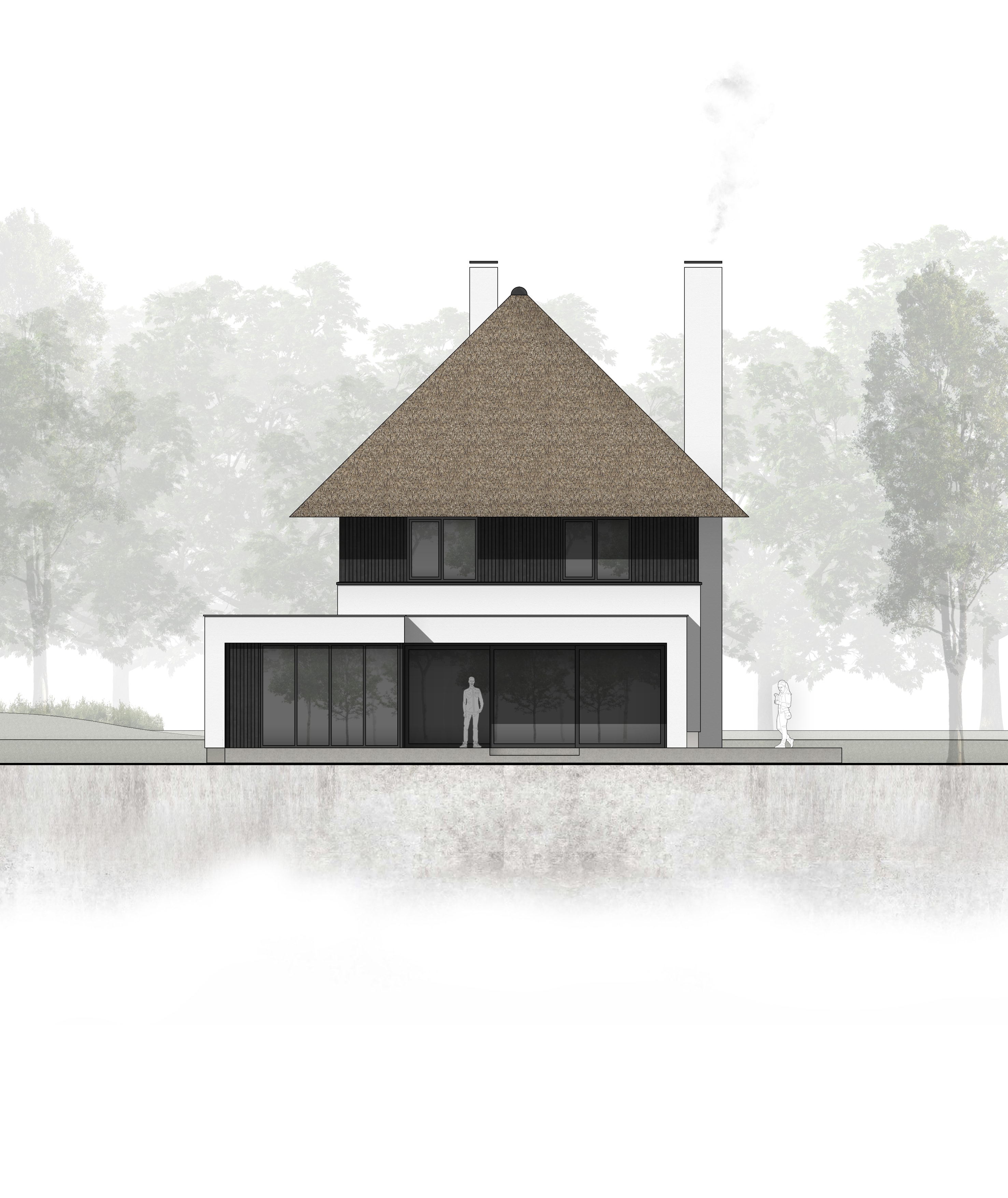 van-os-architecten-nieuwbouw-landelijke-rietgedekte-vrijstaande-villa-tegenbosch-eindhoven-achtergevel-met-overdekte-veranda-bij-ruime-woonkeuken
