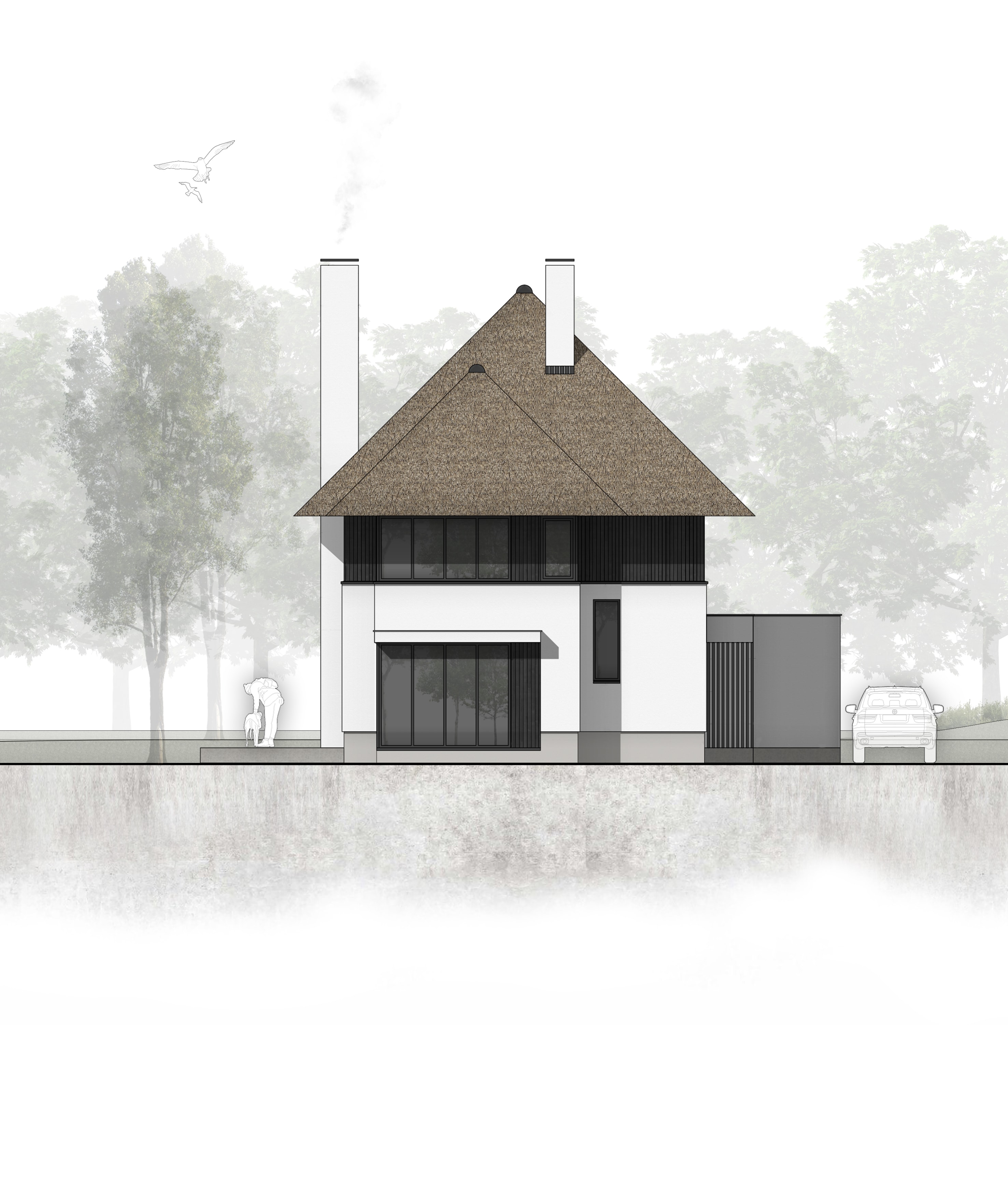 van-os-architecten-nieuwbouw-landelijke-rietgedekte-vrijstaande-villa-tegenbosch-eindhoven-voorgevel-in-wit-gevelstucwerk-en-aluminium-puien