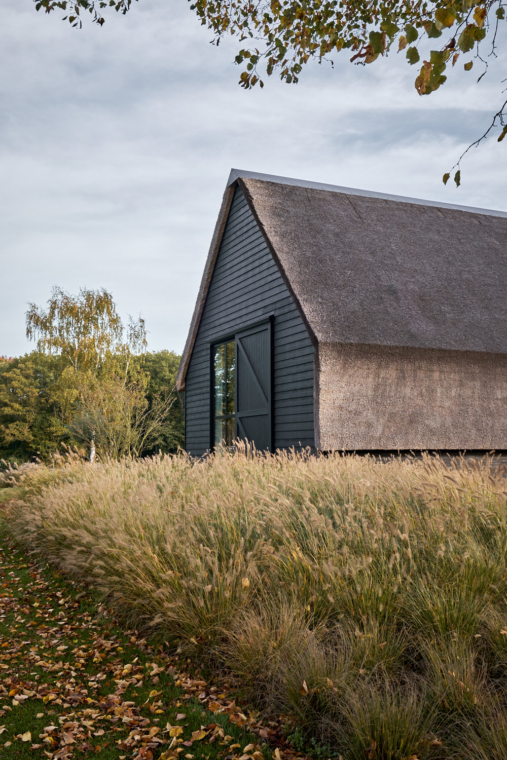 Nieuwbouw Schuurwoning Met Rieten Dak Detail Tuin Met Gras En Riet Kopie